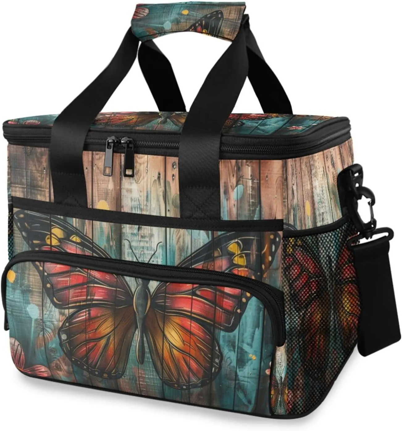 Butterfly Retro Wooden Cooler Bag Insulated Cooler Soft Sided Cooler 24 Can Portable Picnic Bag Large Leakproof Lunch Bag Box for Beach Grocery Camping Travel Car Men Women