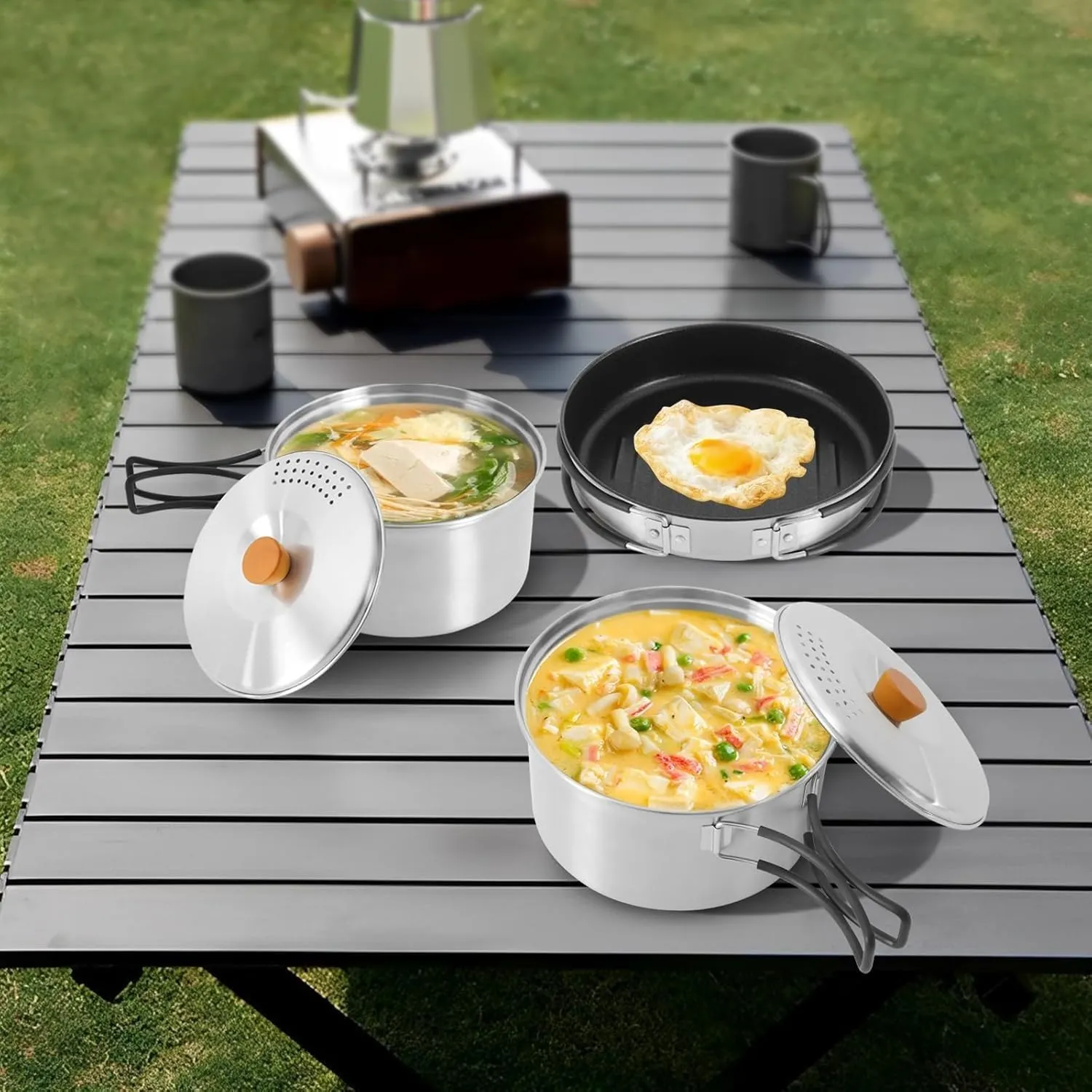 Camping Cookware Mess Kit, Foldable Stainless Steel Campfire Cooking Pots and Pans for Home RV Boat Camping Hiking and Picnic