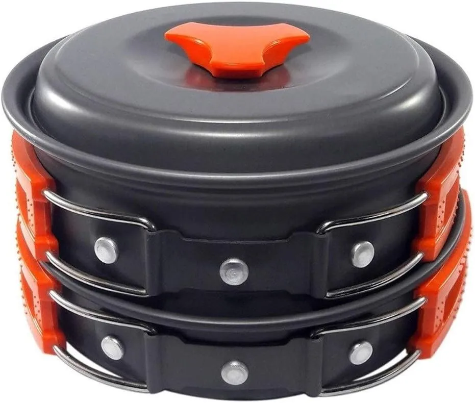 Camping Cookware Set 2 Person Camping Gear Campfire Utensils Non-Stick Cooking Lightweight Stackable Pot Pan Bowls Storage Bag (Color : B)
