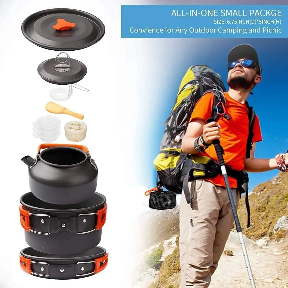 Camping Cookware Set 4 Person Camping Gear Campfire Utensils Non-Stick Cooking Equipment Lightweight Stackable Pots and Plate Bowls with Storage Bags for Outdoor Hiking