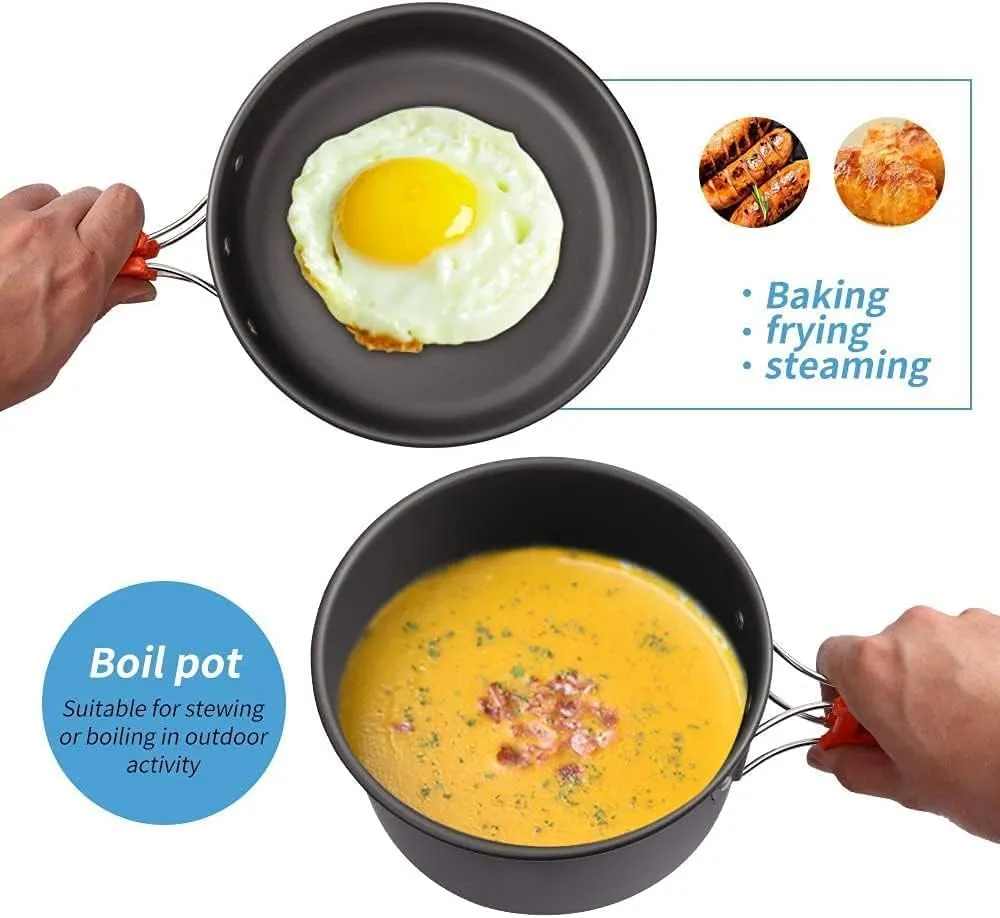 Camping Cookware Set 4 Person Camping Gear Campfire Utensils Non-Stick Cooking Equipment Lightweight Stackable Pots and Plate Bowls with Storage Bags for Outdoor Hiking