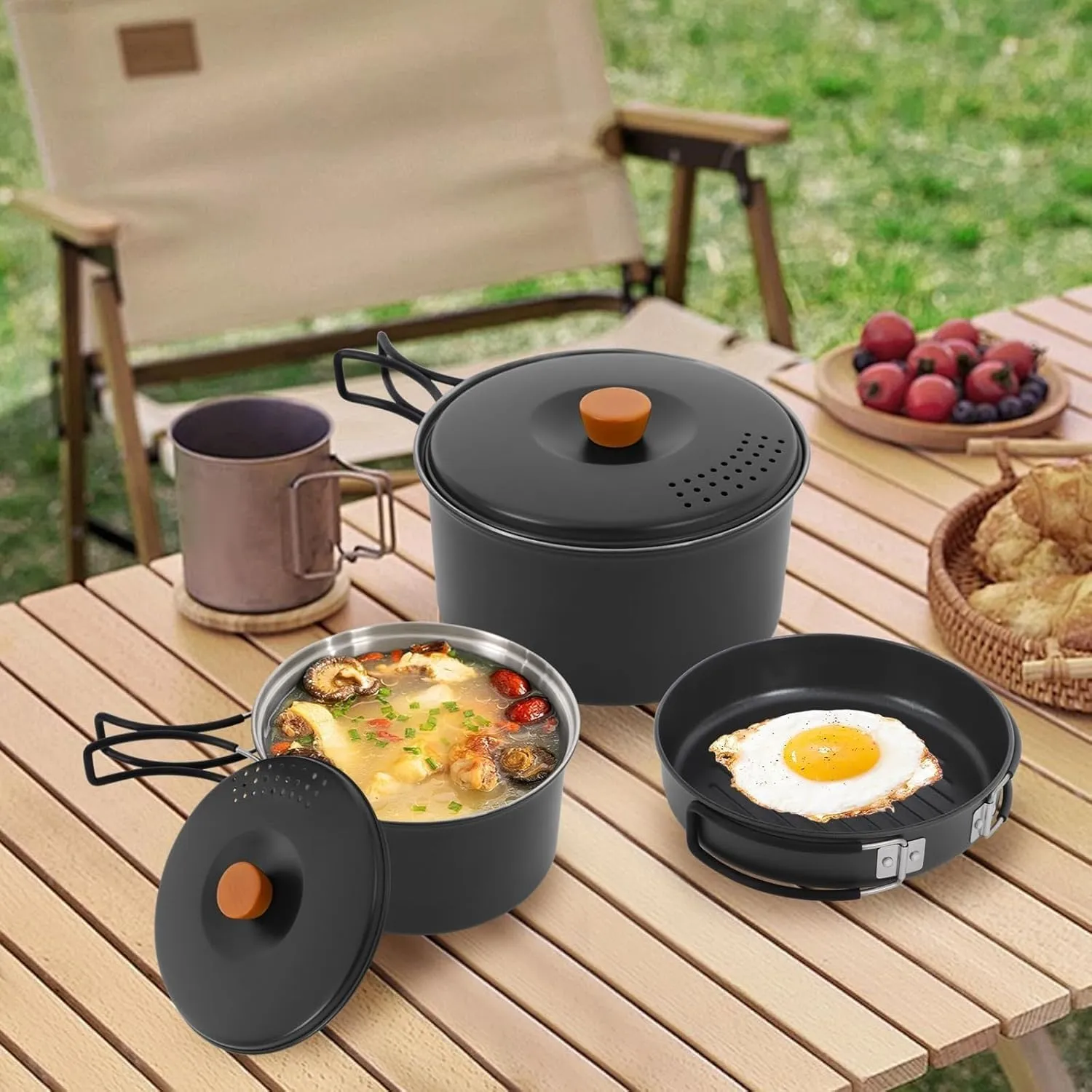 Camping Cookware Set Portable Camping Cooking Se, 304 Stainless Steel Camping Pots and Pans Set Campfire Cooking Equipment for Outdoor Camping Hiking Picnic for 2-3