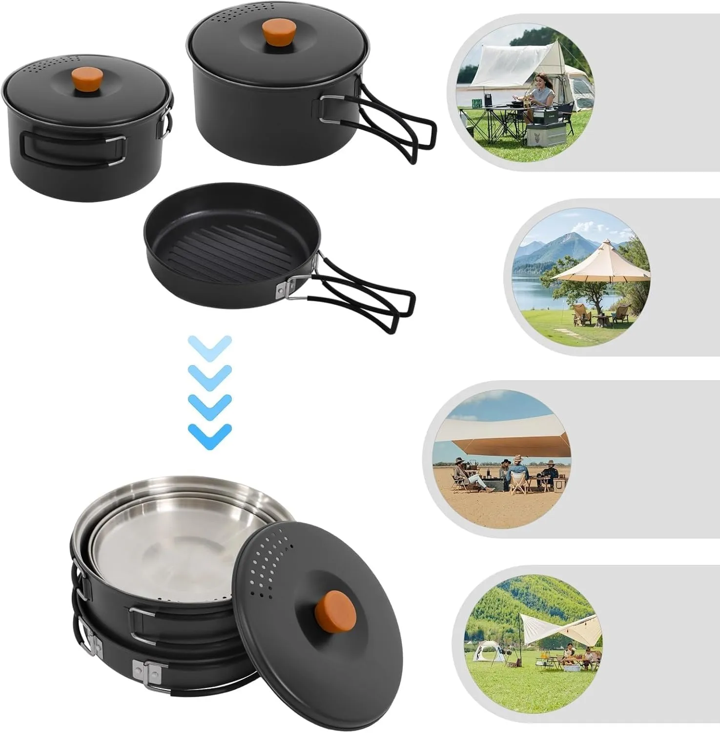 Camping Cookware Set Portable Camping Cooking Se, 304 Stainless Steel Camping Pots and Pans Set Campfire Cooking Equipment for Outdoor Camping Hiking Picnic for 2-3