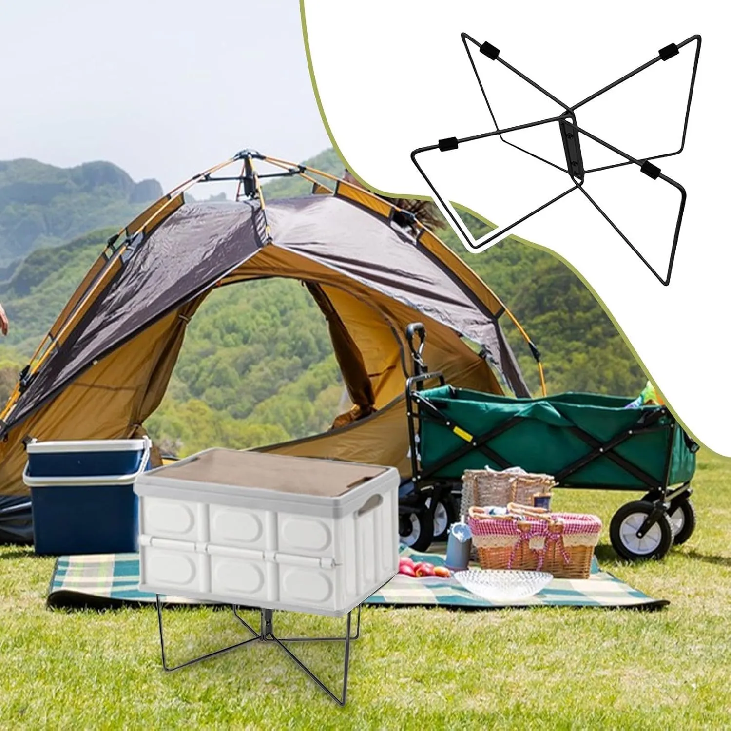Camping Storage Box Holder - Foldable Cooler Holder, Insulated Storage Box Base | Moisture Proof Non-Slip Mat Carry Bag, Stainless Steel Foldable Frame