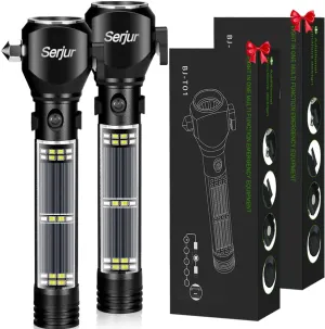 Car Safety Hammer Flashlight, Window Glass Breaker and Seatbelt Cutter, Emergency Car Rescue Kit, LED High Lumens Rechargeable Solar Powered Flashlight, 2Pack