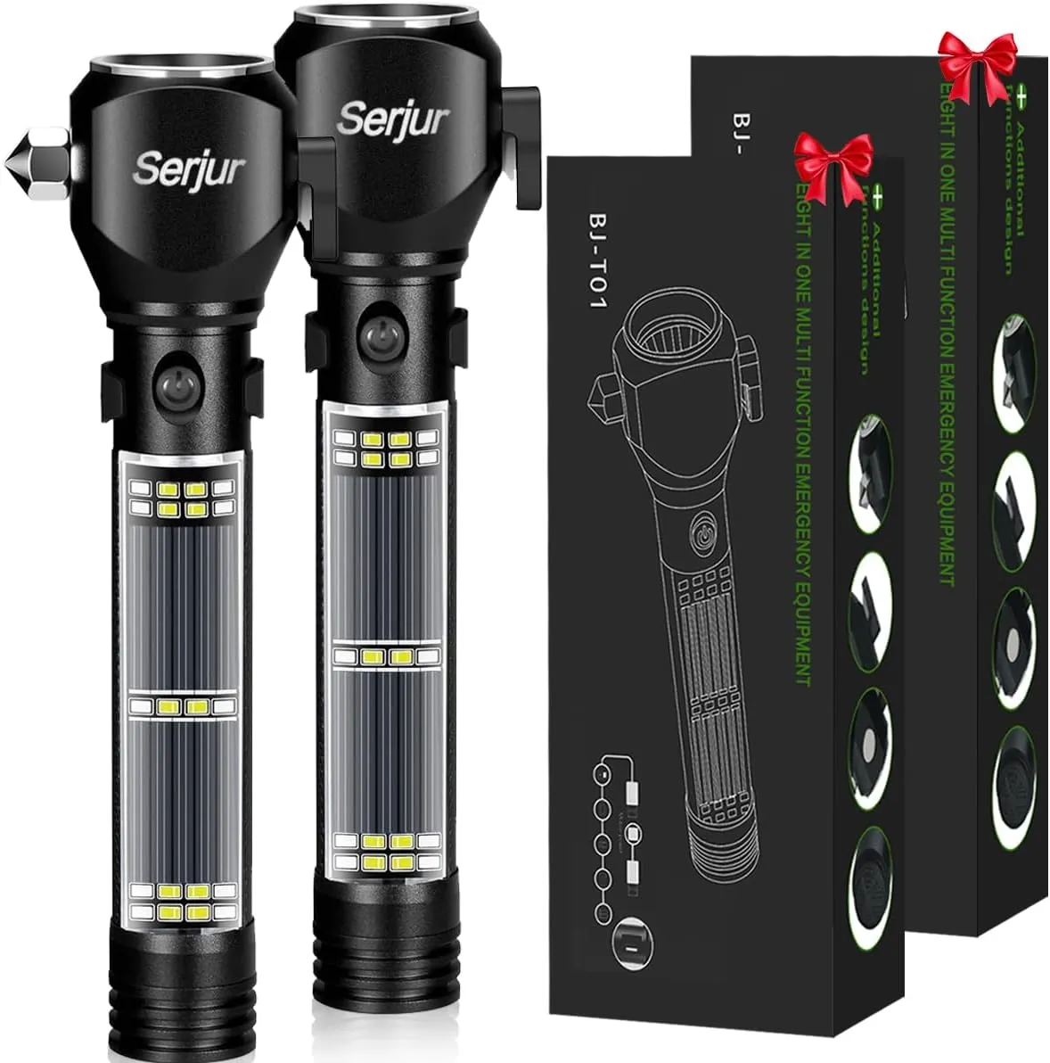 Car Safety Hammer Flashlight, Window Glass Breaker and Seatbelt Cutter, Emergency Car Rescue Kit, LED High Lumens Rechargeable Solar Powered Flashlight, 2Pack