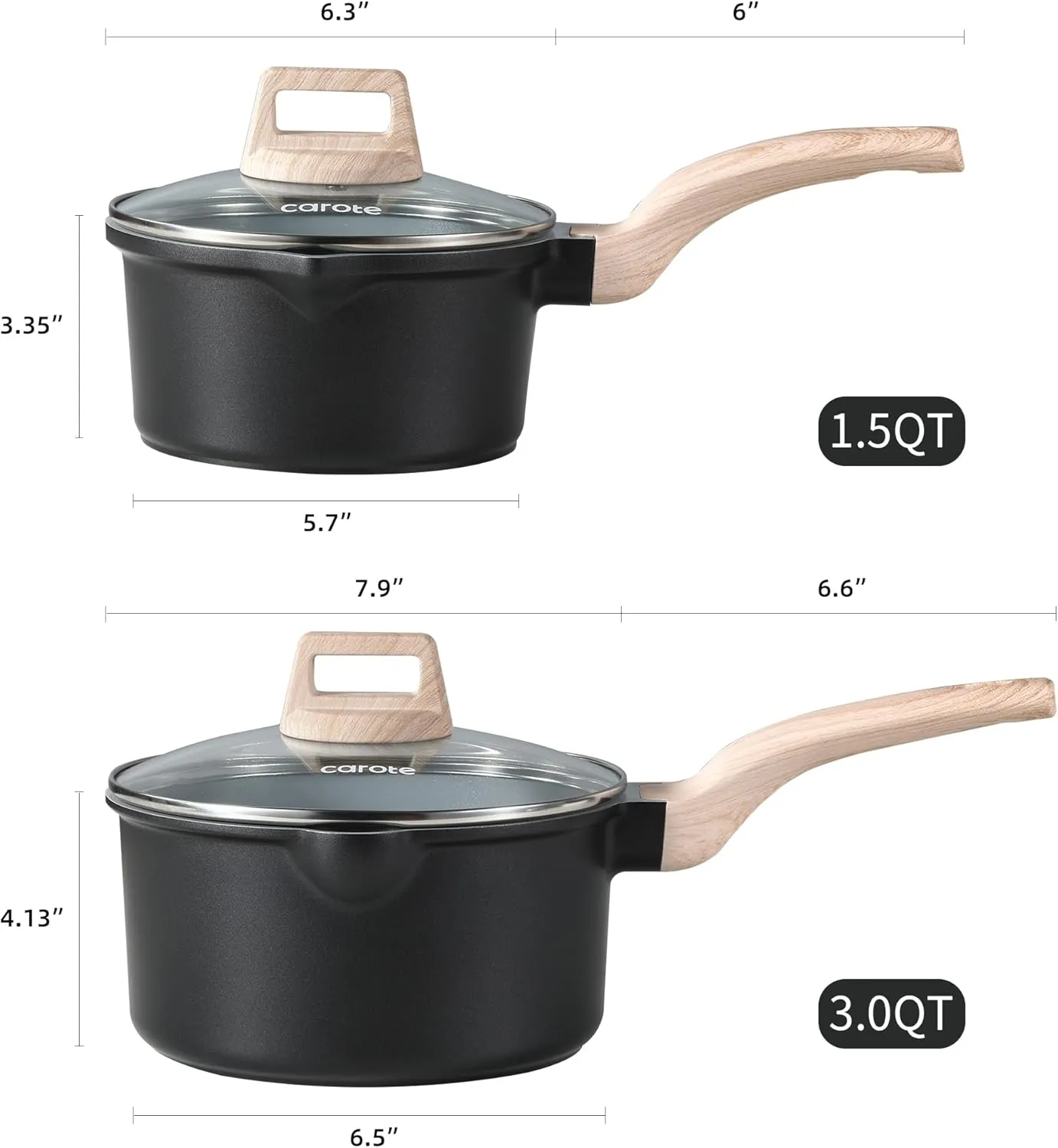 CAROTE 1.5Qt & 3.0Qt Sauce Pan Set with Lid Nonstick Ceramic Saucepan with Pour Spout 4 Pcs Sauce Pots Non-Toxic Cooking Pots (Black/Gray)