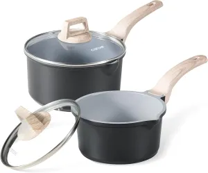 CAROTE 1.5Qt & 3.0Qt Sauce Pan Set with Lid Nonstick Ceramic Saucepan with Pour Spout 4 Pcs Sauce Pots Non-Toxic Cooking Pots (Black/Gray)