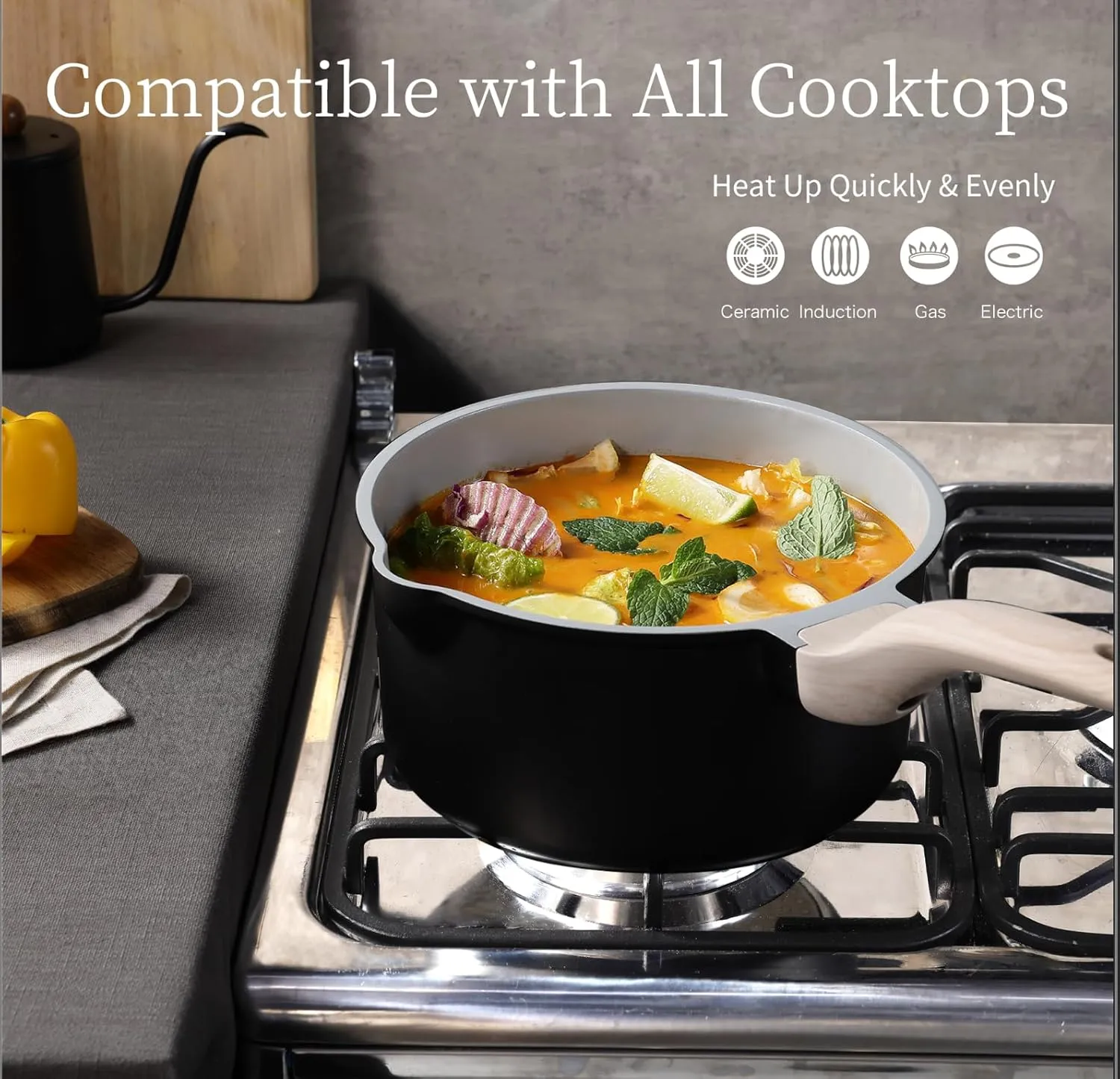CAROTE 1.5Qt & 3.0Qt Sauce Pan Set with Lid Nonstick Ceramic Saucepan with Pour Spout 4 Pcs Sauce Pots Non-Toxic Cooking Pots (Black/Gray)