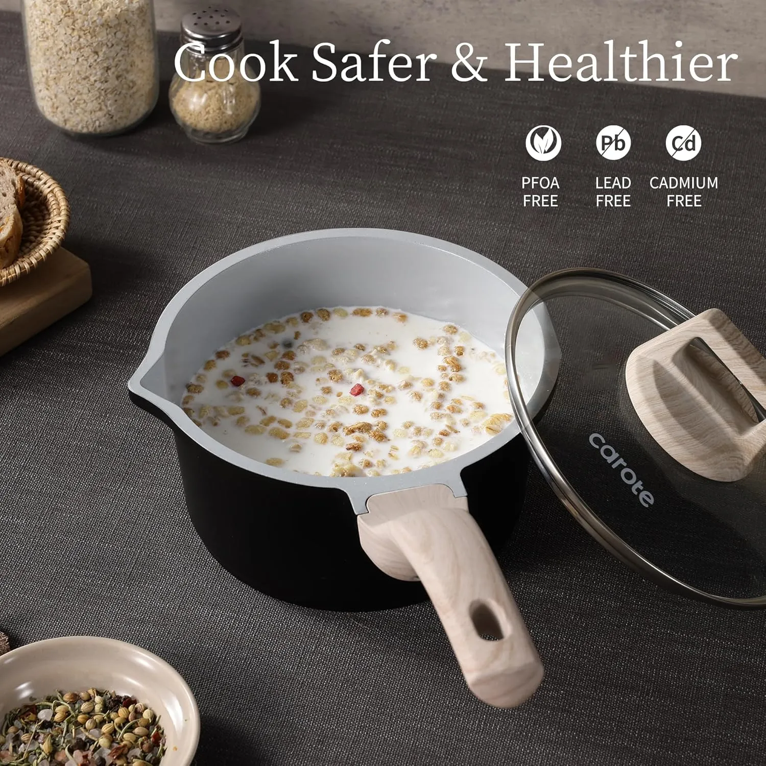CAROTE 1.5Qt & 3.0Qt Sauce Pan Set with Lid Nonstick Ceramic Saucepan with Pour Spout 4 Pcs Sauce Pots Non-Toxic Cooking Pots (Black/Gray)