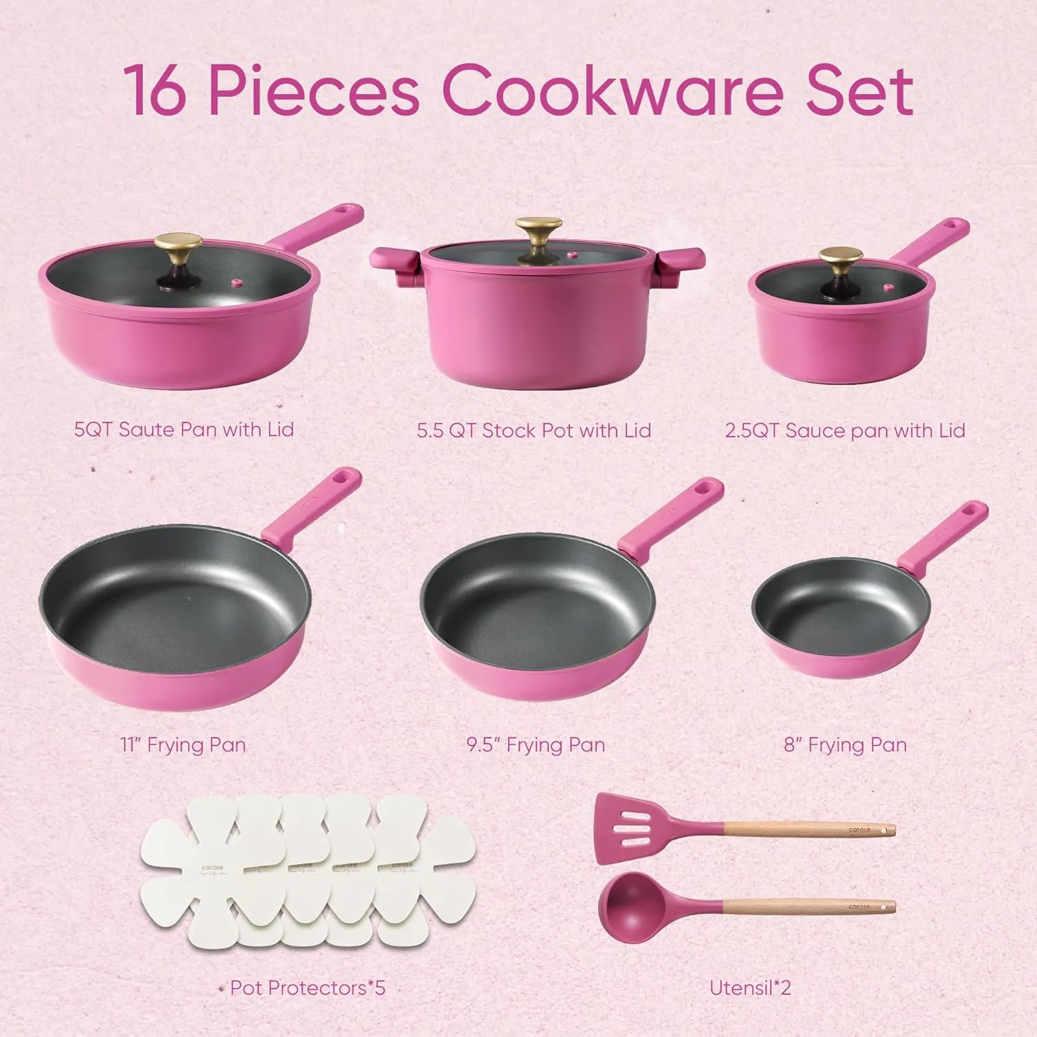 CAROTE Non Stick Pots and Pans Set, Cookware Sets Nonstick, Kitchen Cooking Set with Stay-Cool Handles,with Silicone Tools and Pot Protectors,16 Piece