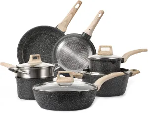 Carote Nonstick Granite Cookware Sets, 10 Pcs Pots and Pans Set, Non Stick Stone Kitchen Cooking Set with Frying Pans(Granite, Induction Cookware)