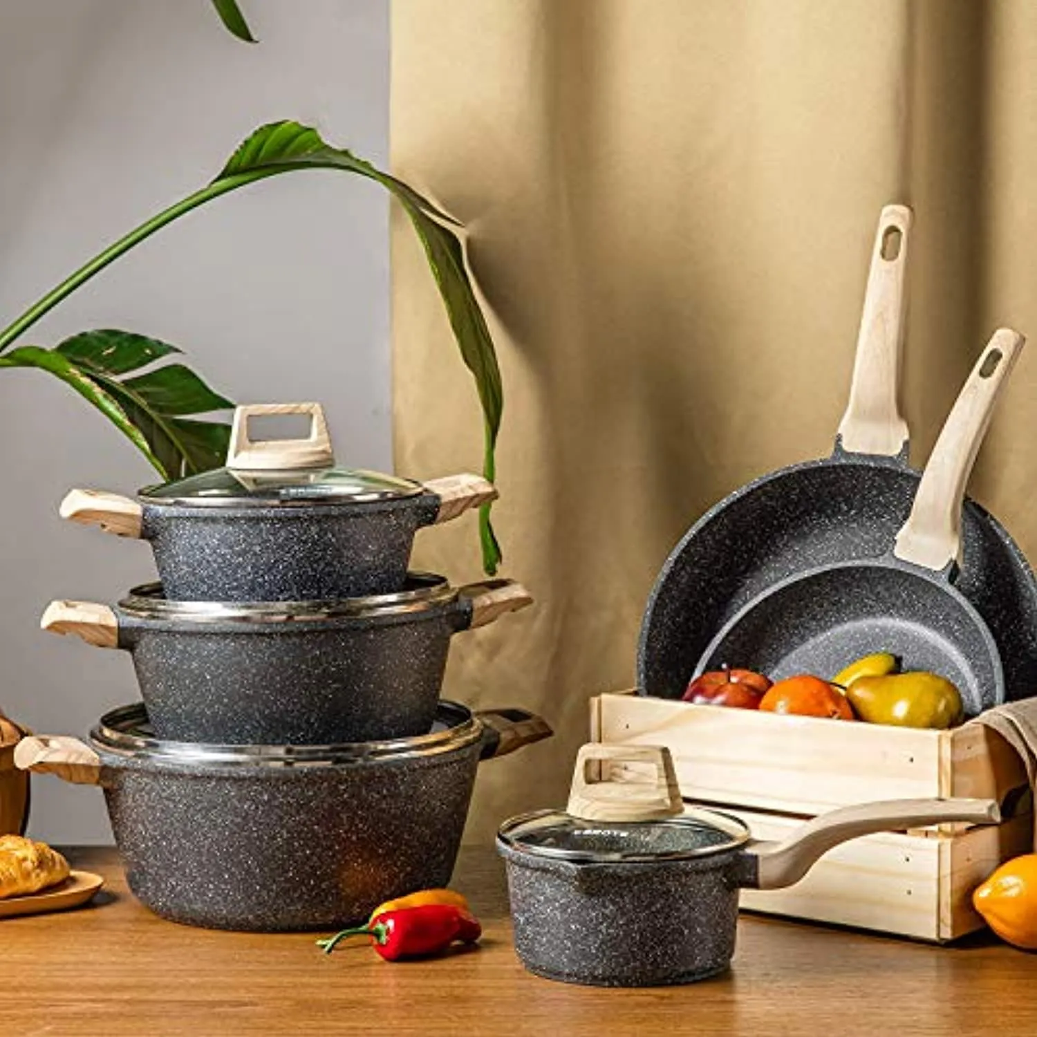 Carote Nonstick Granite Cookware Sets, 10 Pcs Pots and Pans Set, Non Stick Stone Kitchen Cooking Set with Frying Pans(Granite, Induction Cookware)