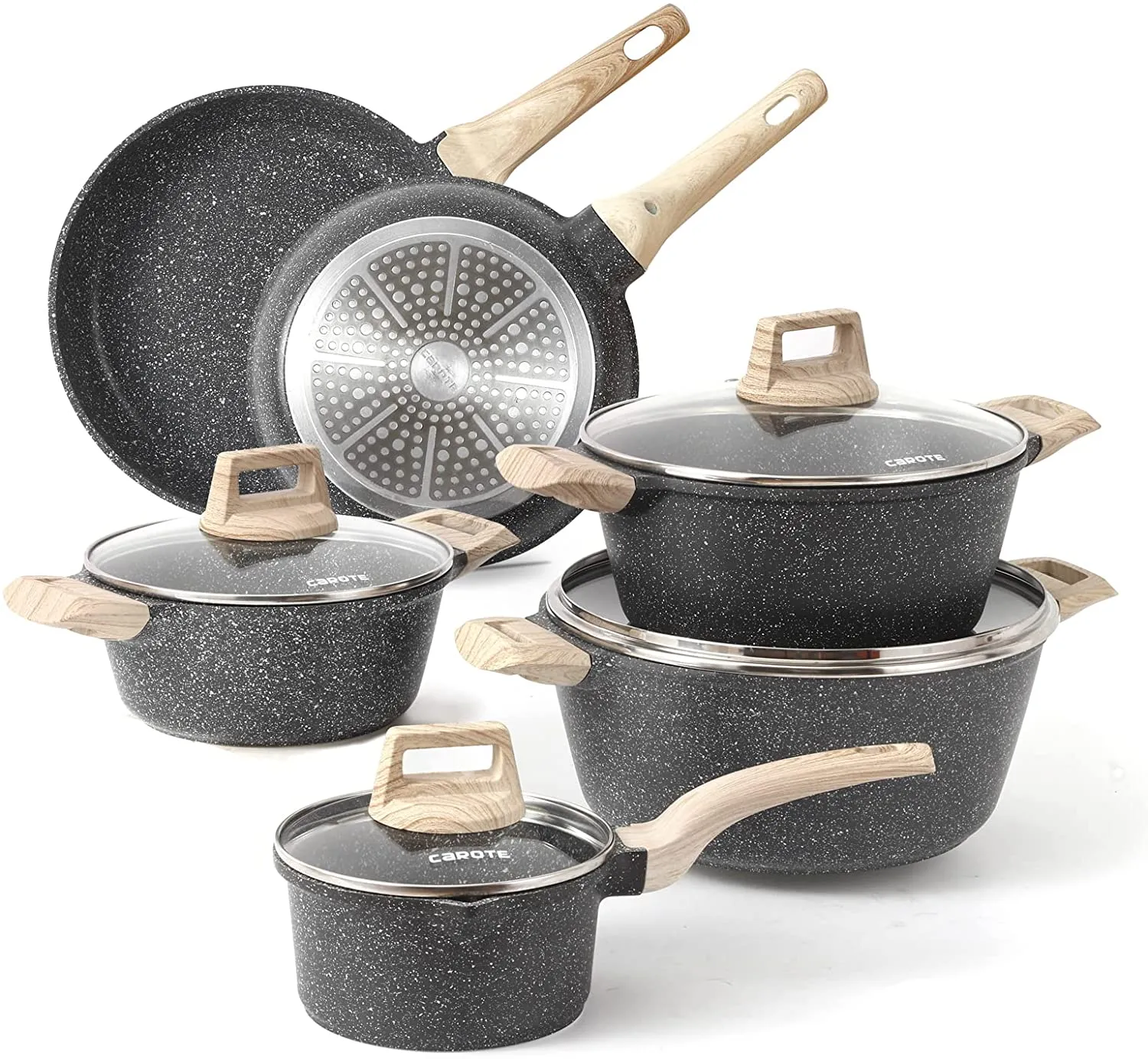 Carote Nonstick Granite Cookware Sets, 10 Pcs Pots and Pans Set, Non Stick Stone Kitchen Cooking Set with Frying Pans(Granite, Induction Cookware)