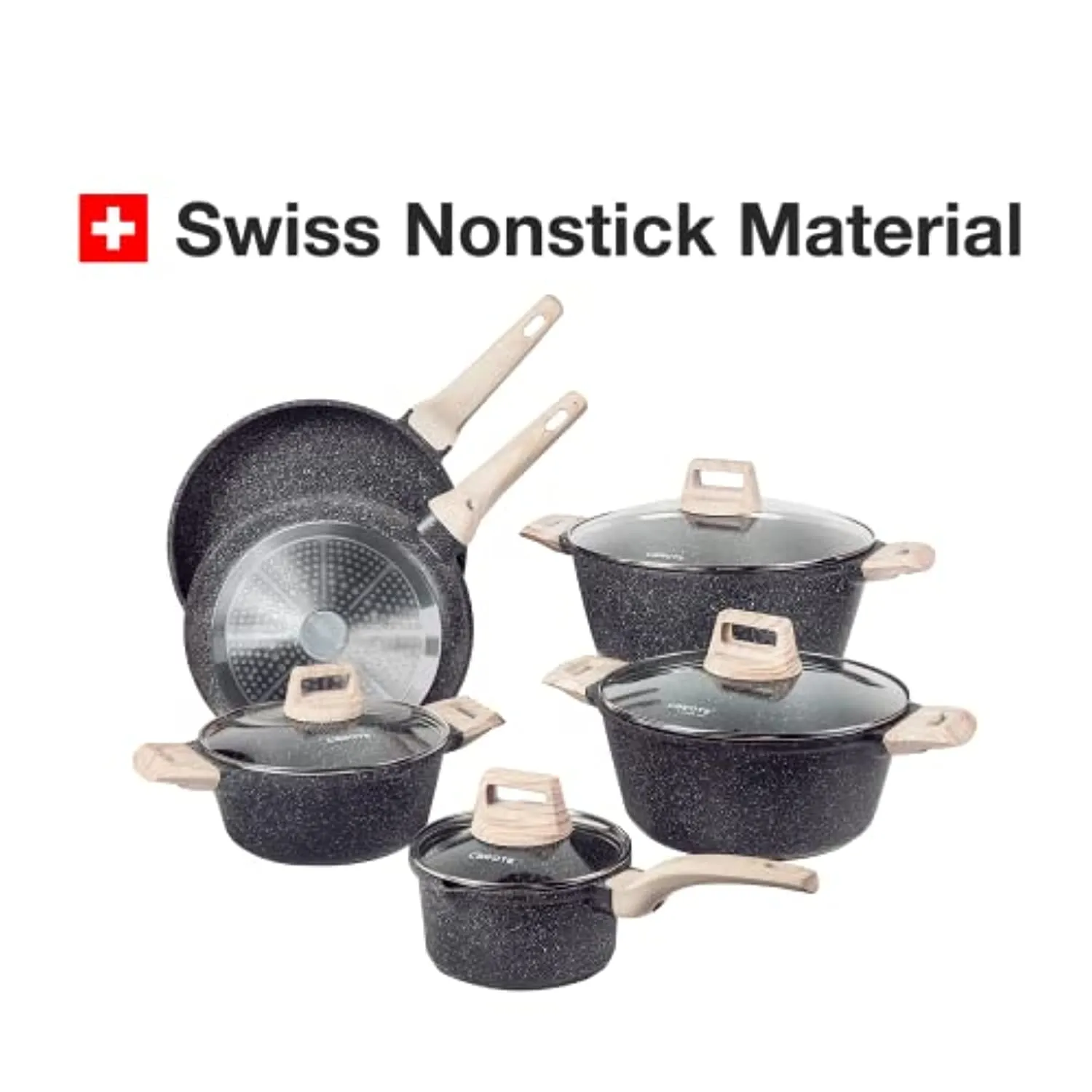 Carote Nonstick Granite Cookware Sets, 10 Pcs Pots and Pans Set, Non Stick Stone Kitchen Cooking Set with Frying Pans(Granite, Induction Cookware)