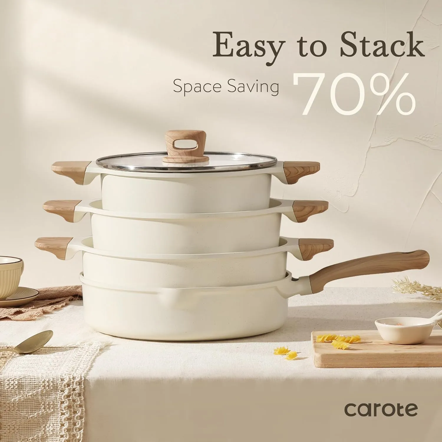 CAROTE Nonstick Pots and Pans Set, Cookware Set Induction Kitchen Cooking Set w/Stock pot & Saucepans, White Granite 13pcs
