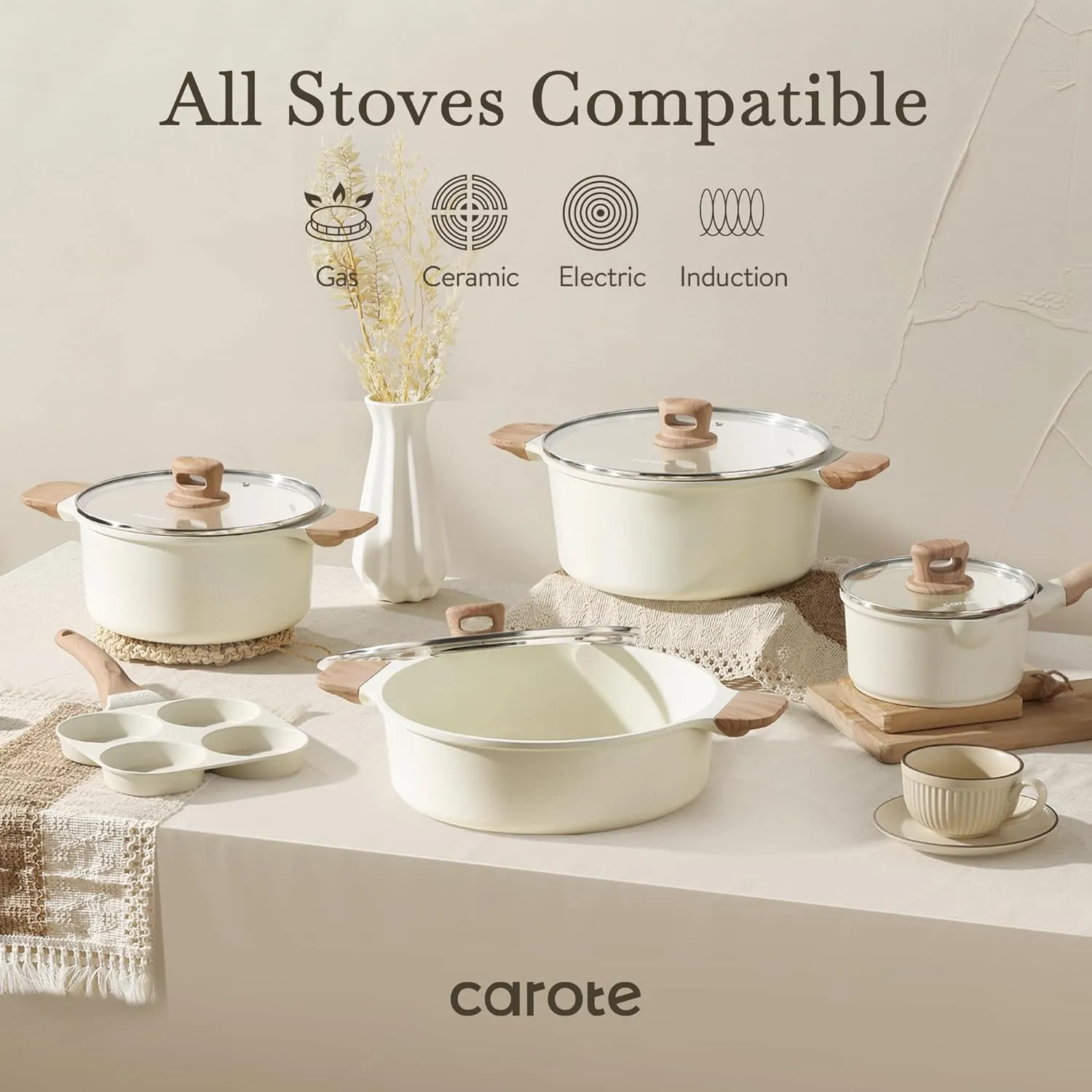 CAROTE Nonstick Pots and Pans Set, Cookware Set Induction Kitchen Cooking Set w/Stock pot & Saucepans, White Granite 13pcs