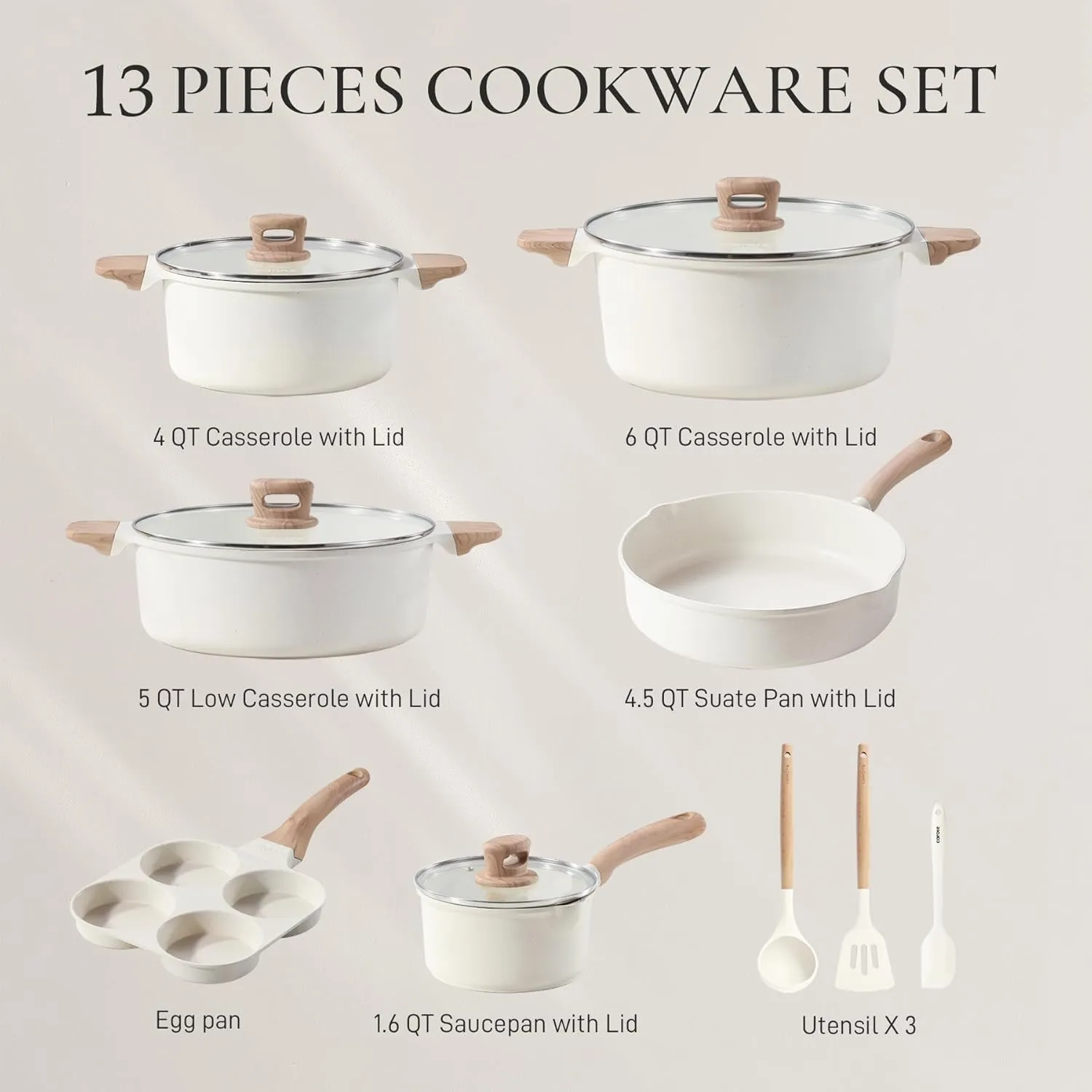 CAROTE Nonstick Pots and Pans Set, Cookware Set Induction Kitchen Cooking Set w/Stock pot & Saucepans, White Granite 13pcs
