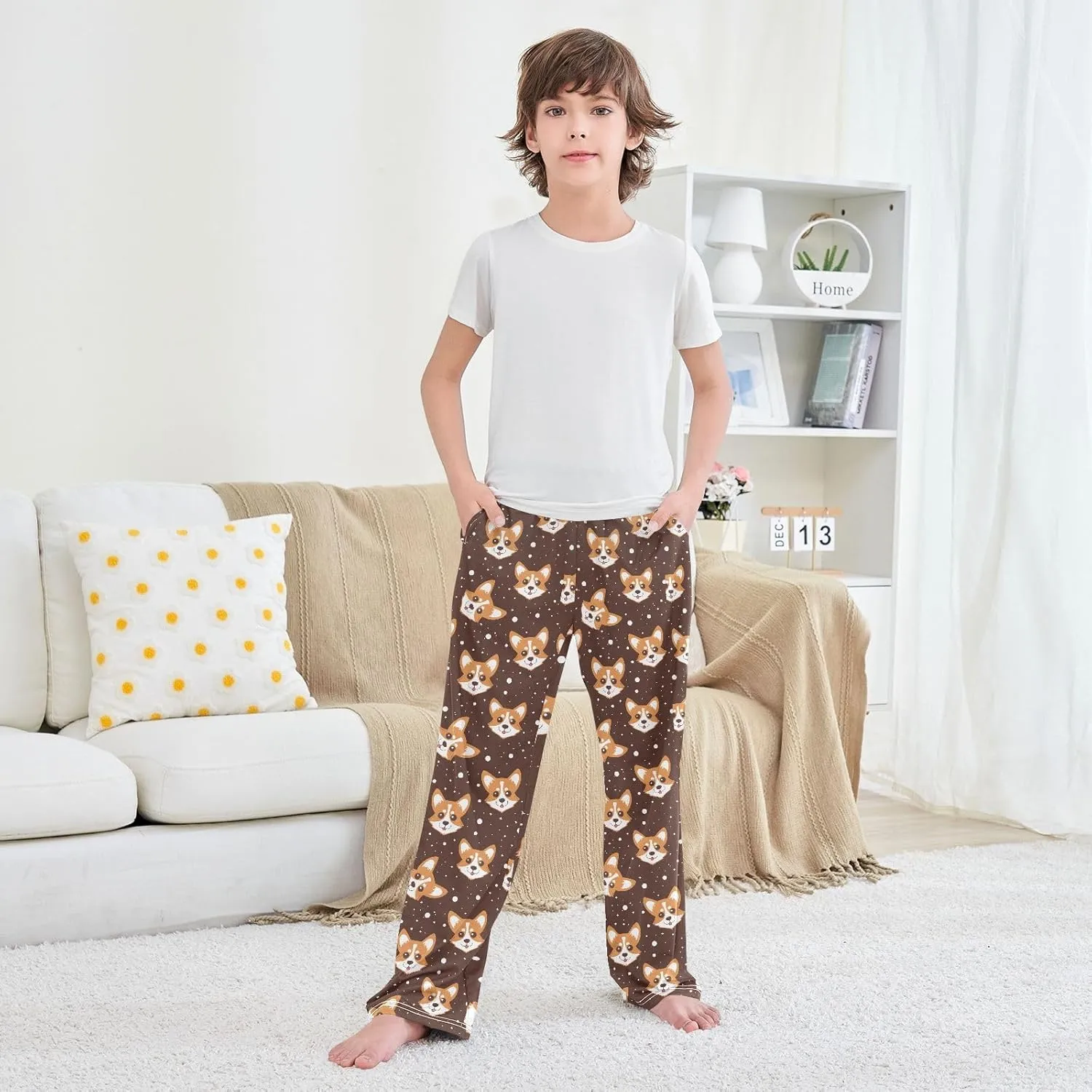 Cartoon Corgi Dog Face Long Pajama Pants Bottoms Soft Sleepwear with Pockets
