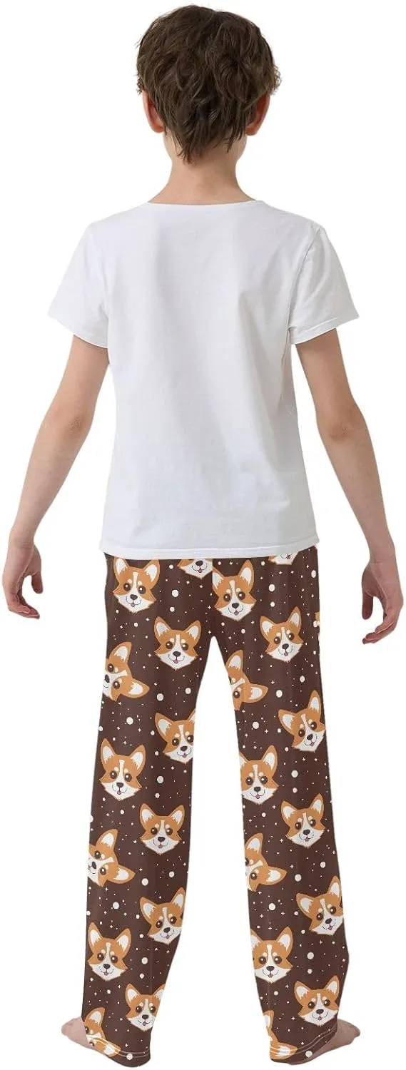 Cartoon Corgi Dog Face Long Pajama Pants Bottoms Soft Sleepwear with Pockets