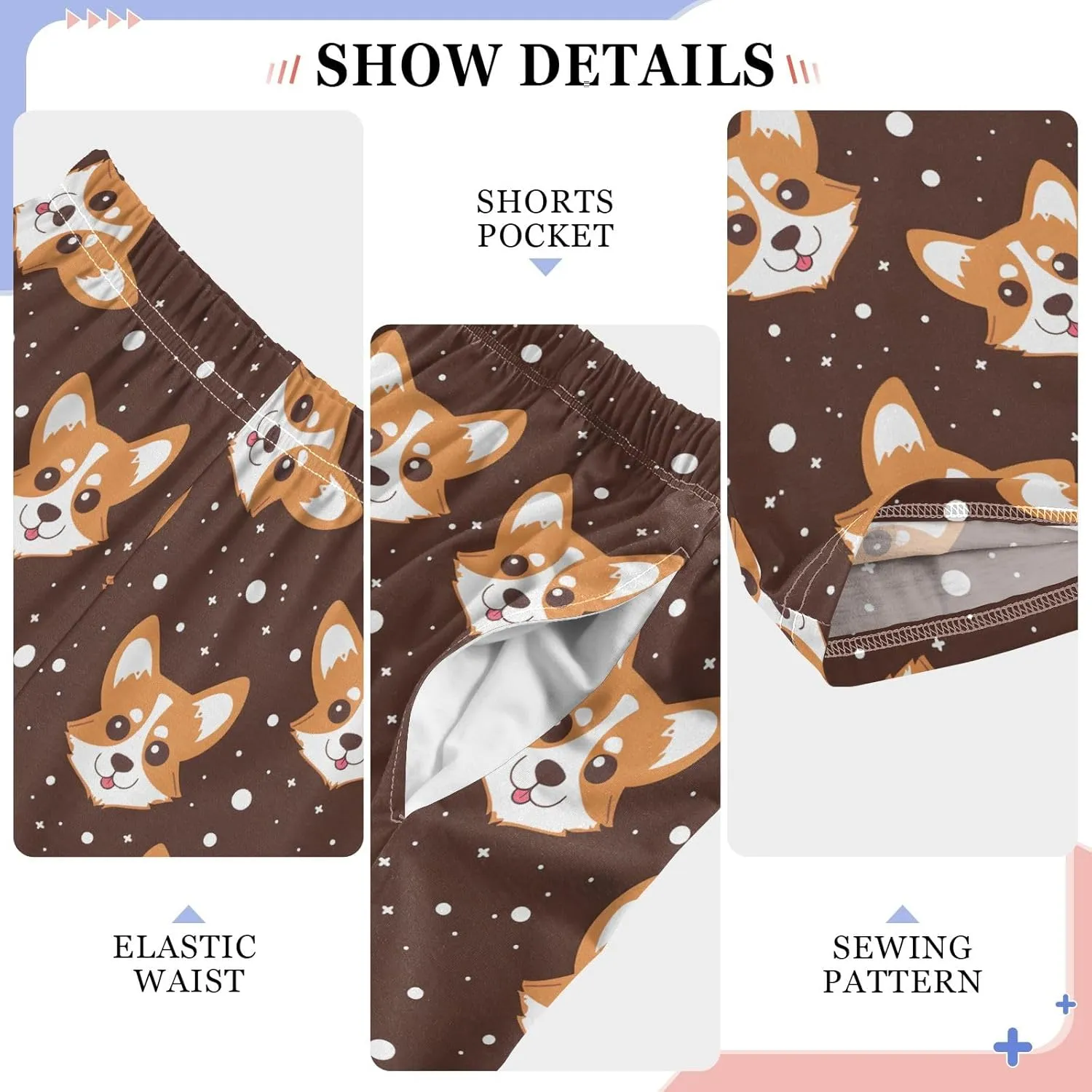 Cartoon Corgi Dog Face Long Pajama Pants Bottoms Soft Sleepwear with Pockets