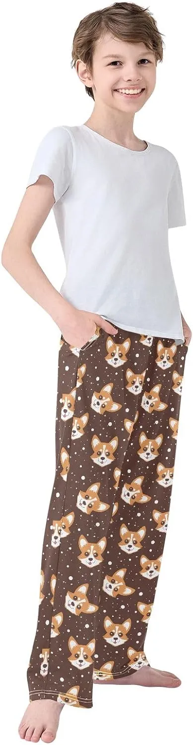 Cartoon Corgi Dog Face Long Pajama Pants Bottoms Soft Sleepwear with Pockets
