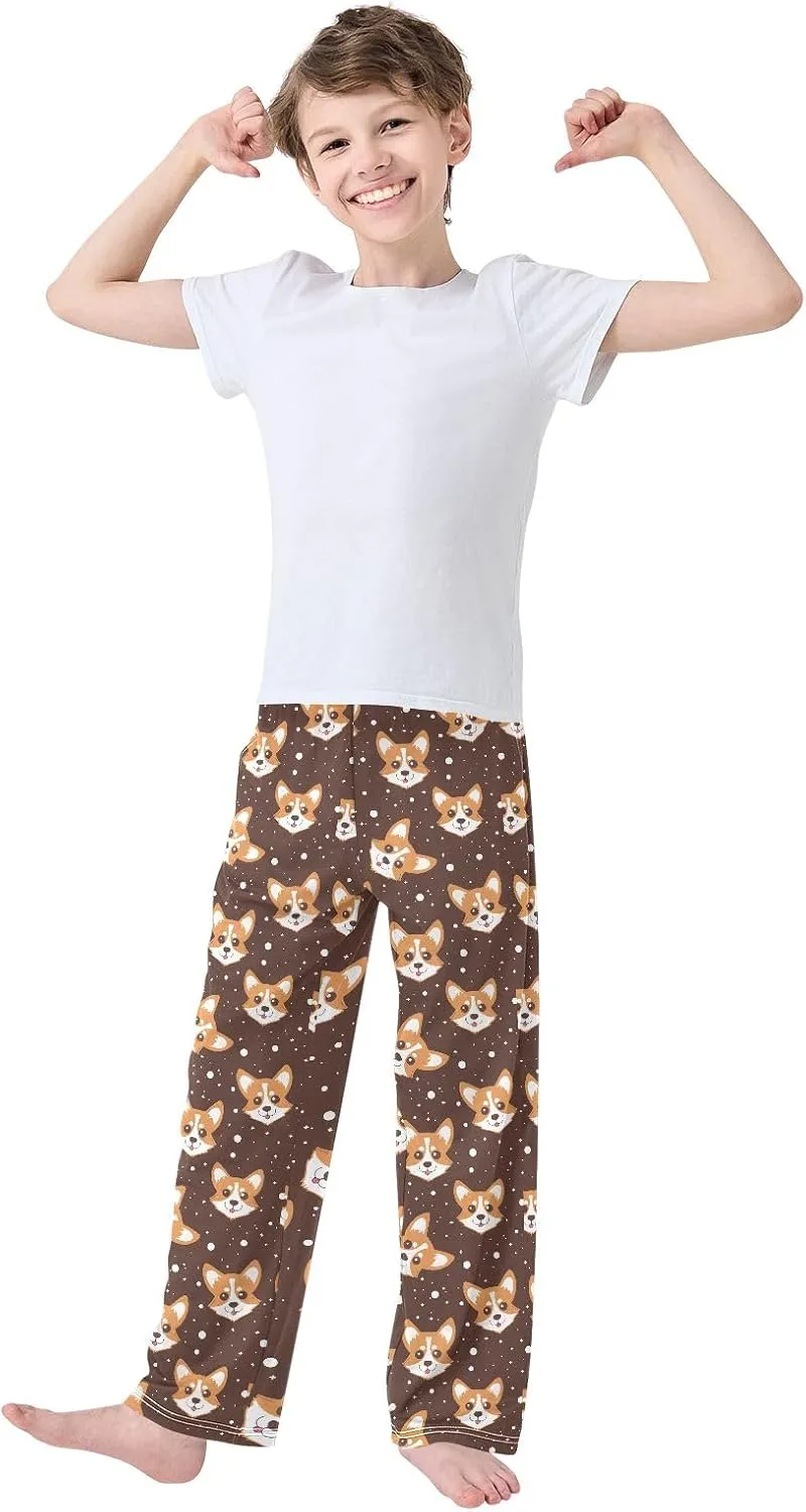 Cartoon Corgi Dog Face Long Pajama Pants Bottoms Soft Sleepwear with Pockets