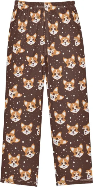 Cartoon Corgi Dog Face Long Pajama Pants Bottoms Soft Sleepwear with Pockets