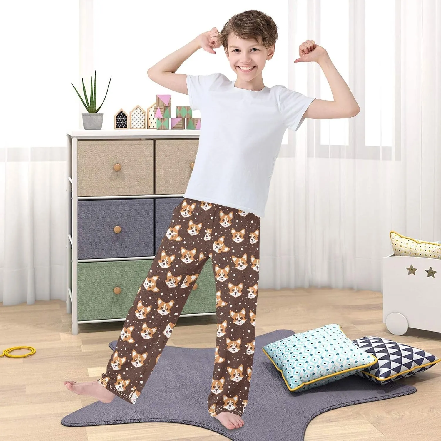 Cartoon Corgi Dog Face Long Pajama Pants Bottoms Soft Sleepwear with Pockets
