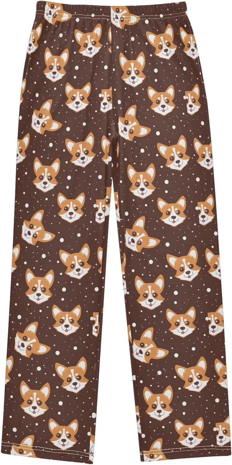 Cartoon Corgi Dog Face Long Pajama Pants Bottoms Soft Sleepwear with Pockets