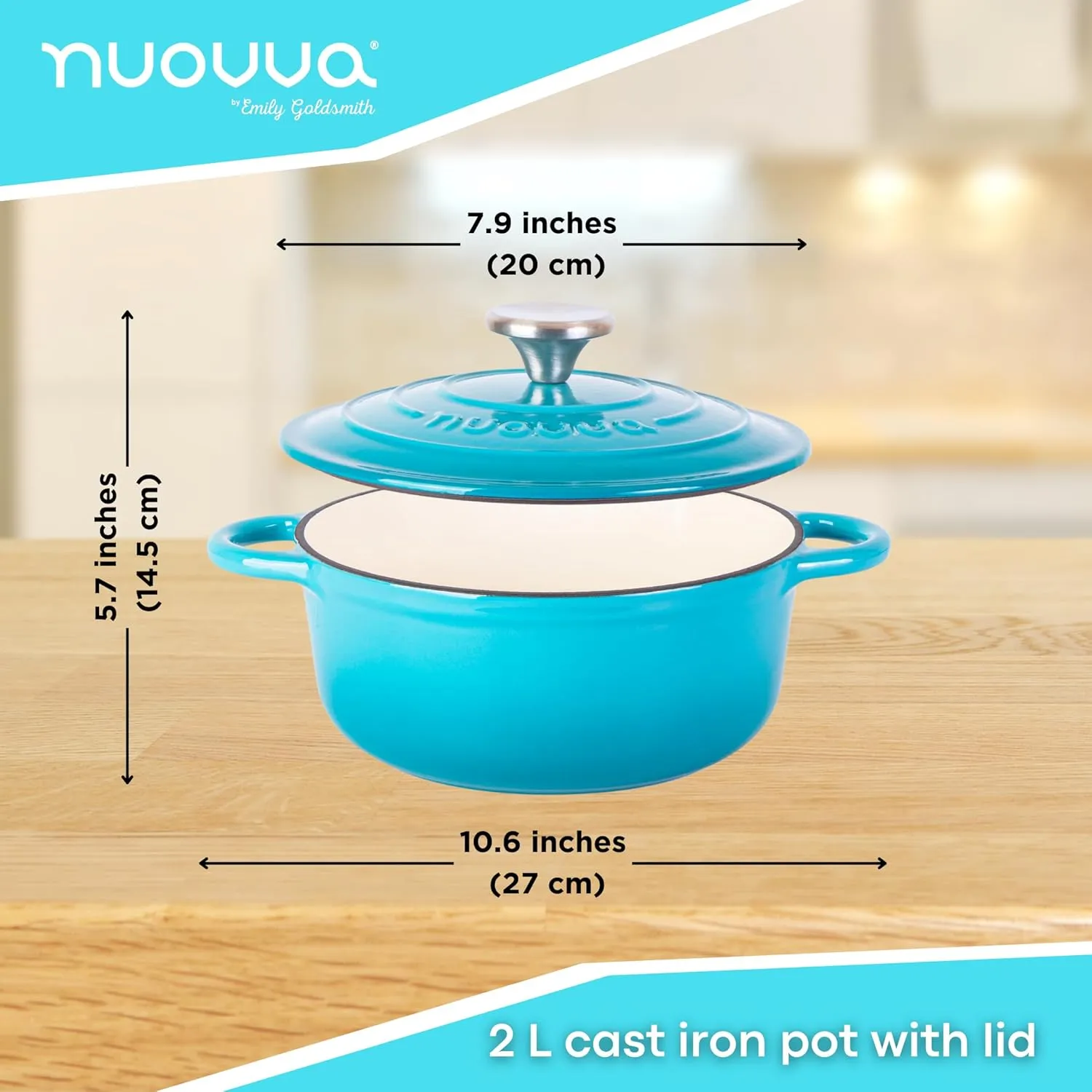 Cast Iron Dutch Oven with Lid – Non-Stick Ovenproof Enamelled Casserole Pot – Sturdy Dutch Oven Cookware – Blue, 2.1-Quart, 20cm – by Nuovva