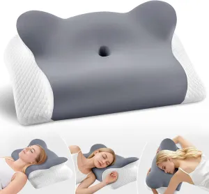 Cervical Neck Pillow for Sleeping, Ergonomic Side Sleeper Pillow for Neck Support, Memory Foam Pillows for Back Stomach Sleepers, Orthopedic Contour Pillows with Cooling Pillowcase (Dark Grey)