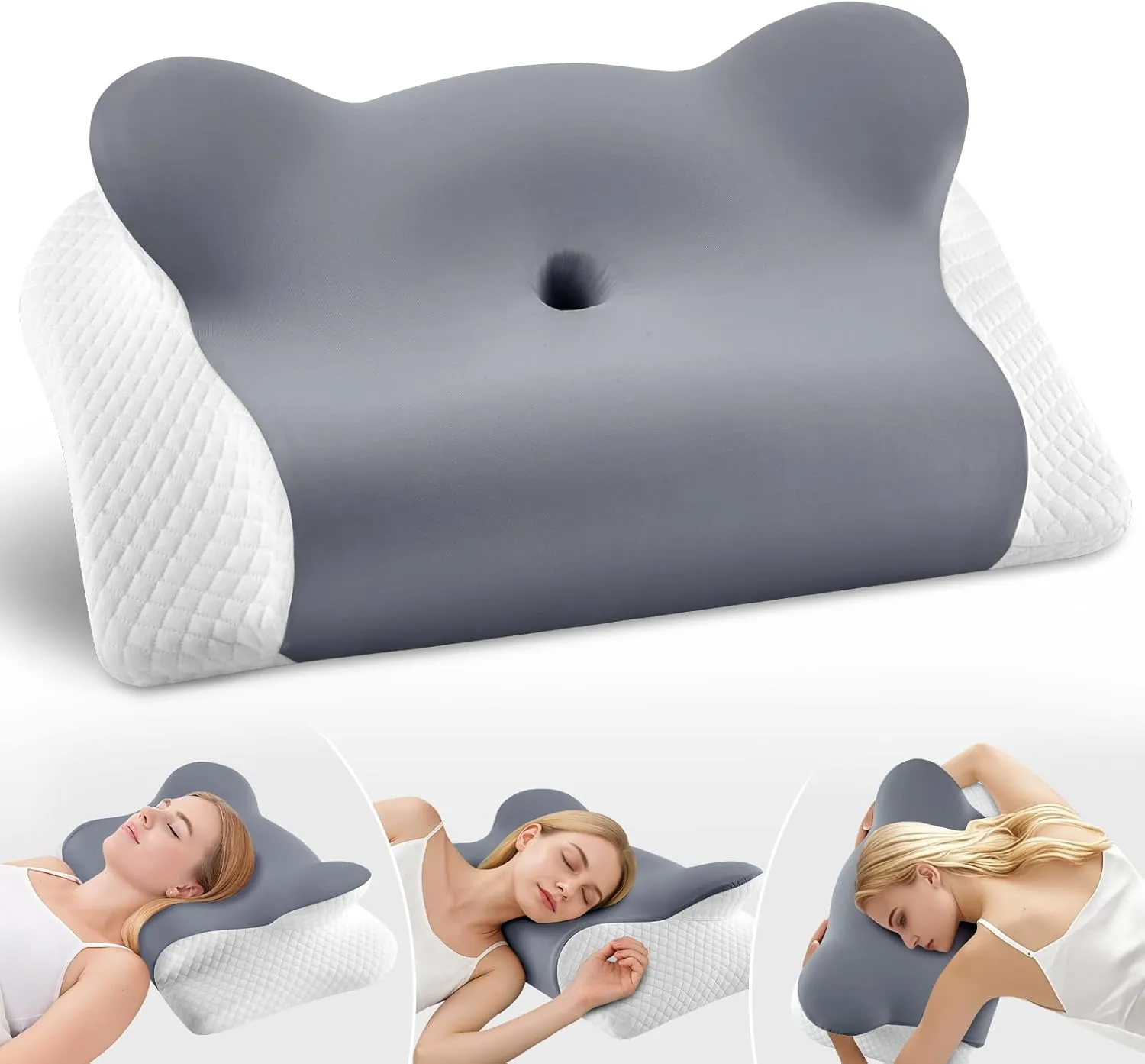Cervical Neck Pillow for Sleeping, Ergonomic Side Sleeper Pillow for Neck Support, Memory Foam Pillows for Back Stomach Sleepers, Orthopedic Contour Pillows with Cooling Pillowcase (Dark Grey)