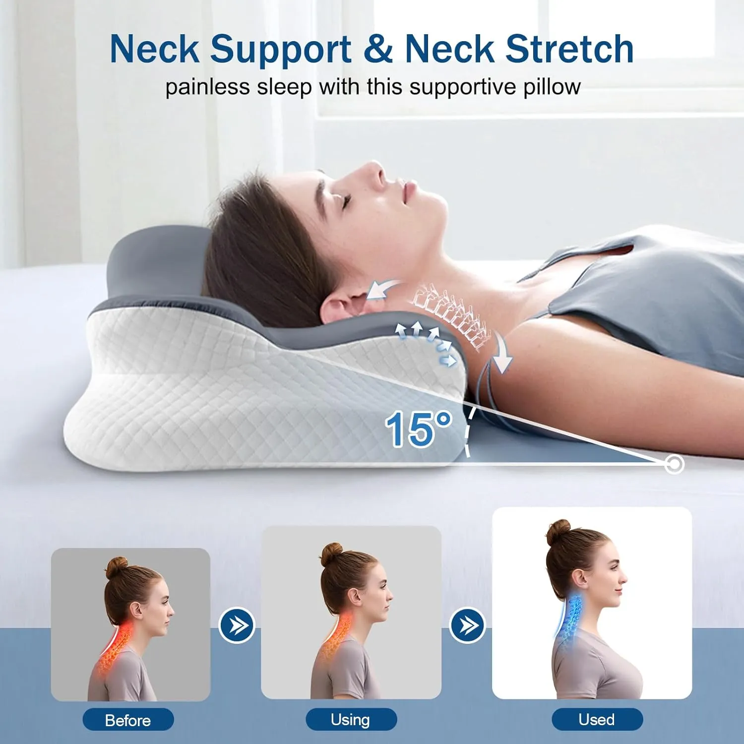 Cervical Neck Pillow for Sleeping, Ergonomic Side Sleeper Pillow for Neck Support, Memory Foam Pillows for Back Stomach Sleepers, Orthopedic Contour Pillows with Cooling Pillowcase (Dark Grey)
