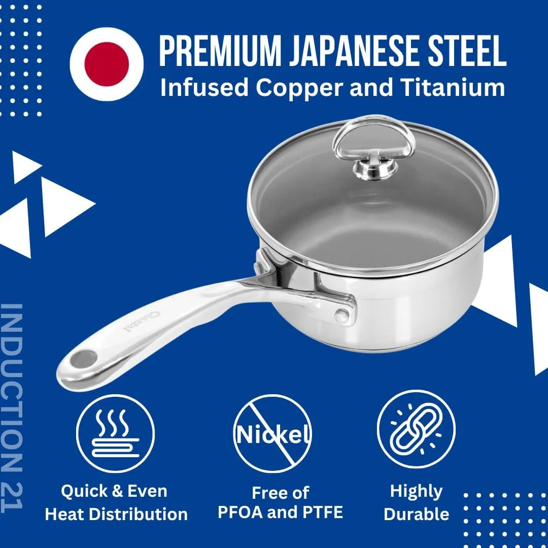 Chantal Induction 21 Steel 2 qt Non Stick Saucepan with Tempered Glass Lid, Ceramic Non Stick, Brushed Stainless Steel
