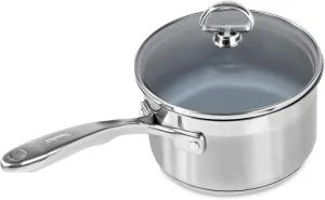 Chantal Induction 21 Steel 2 qt Non Stick Saucepan with Tempered Glass Lid, Ceramic Non Stick, Brushed Stainless Steel