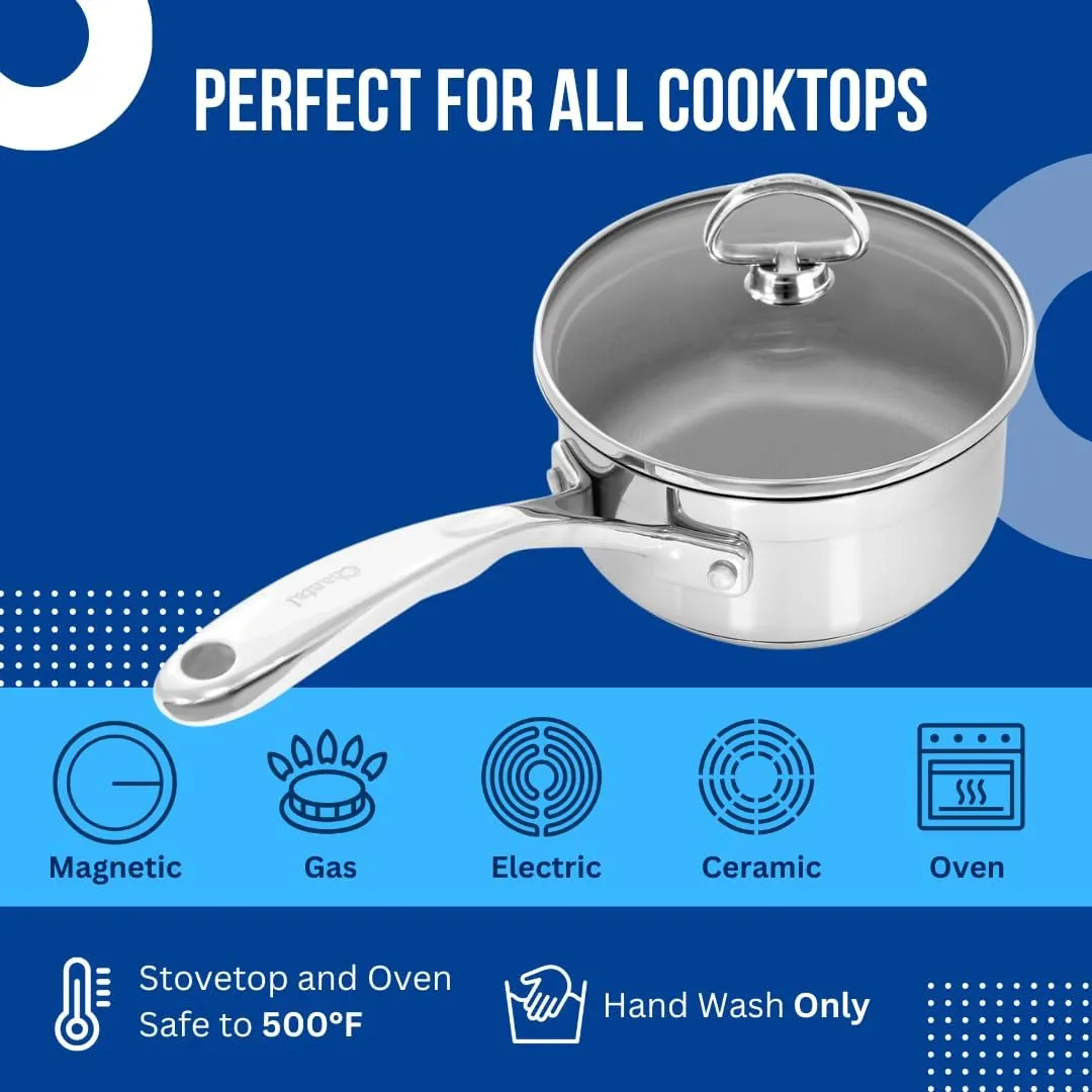 Chantal Induction 21 Steel 2 qt Non Stick Saucepan with Tempered Glass Lid, Ceramic Non Stick, Brushed Stainless Steel
