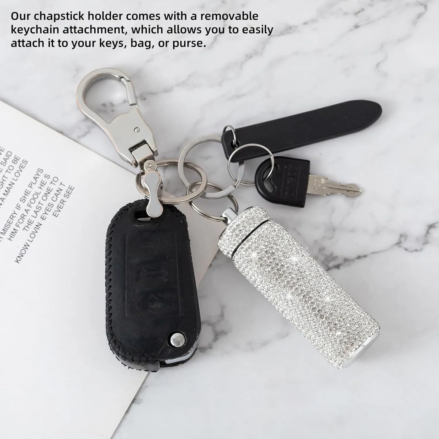Chapstick Holder Key Chain 2Pcs Lip Balm Gloss Holder Keychain Bling Lipstick Case for Purse Portable Metal Chap Stick Organizer Cute Key Chain Accessories for Women (Sliver)