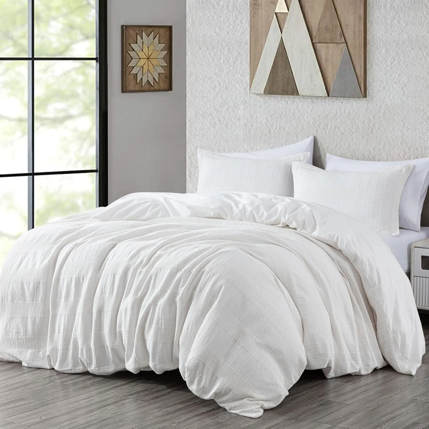 Chezmoi Collection 3-Piece Clip Jacquard Cotton Duvet Cover Set Queen, Boho Chic Textured Tufted Basketweave Striped Comforter Cover with Button Closure, White