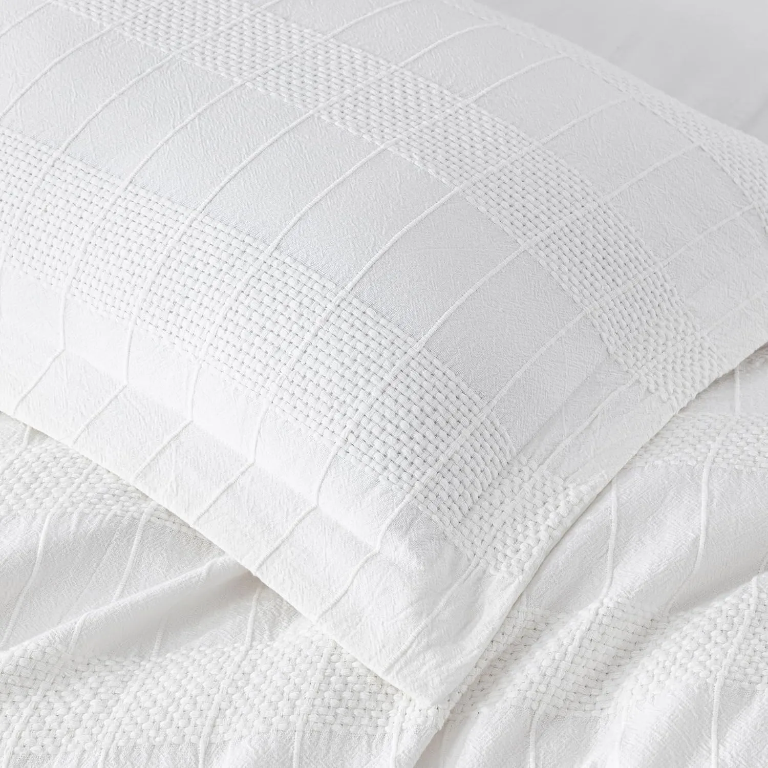 Chezmoi Collection 3-Piece Clip Jacquard Cotton Duvet Cover Set Queen, Boho Chic Textured Tufted Basketweave Striped Comforter Cover with Button Closure, White