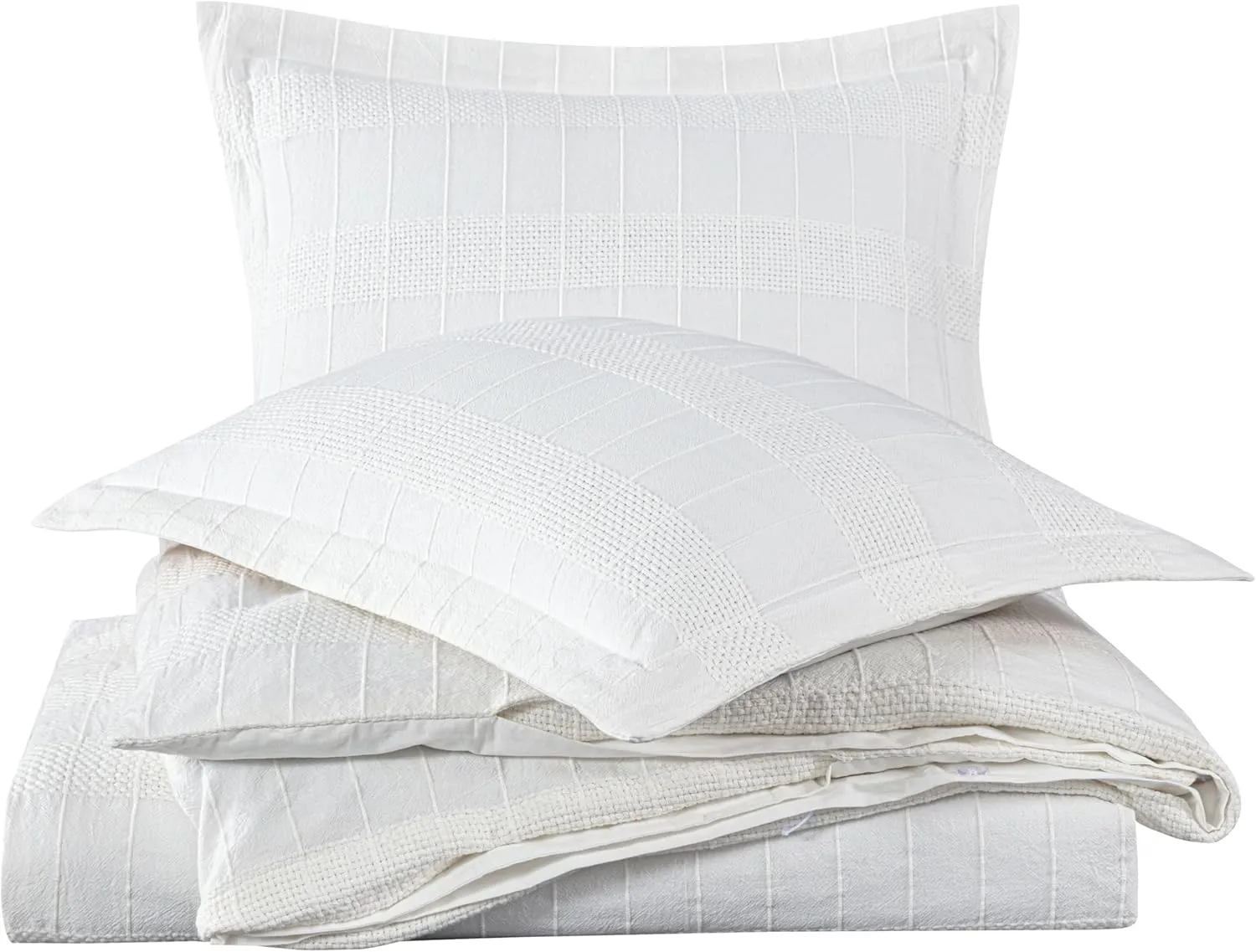 Chezmoi Collection 3-Piece Clip Jacquard Cotton Duvet Cover Set Queen, Boho Chic Textured Tufted Basketweave Striped Comforter Cover with Button Closure, White