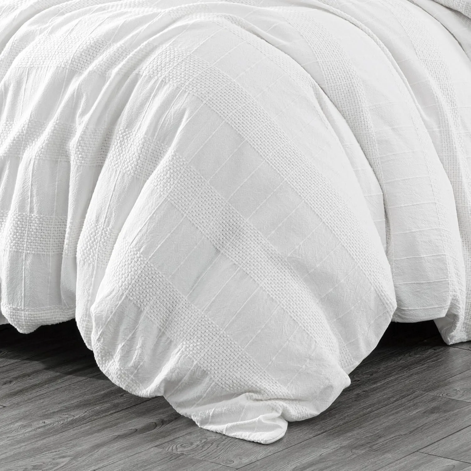 Chezmoi Collection 3-Piece Clip Jacquard Cotton Duvet Cover Set Queen, Boho Chic Textured Tufted Basketweave Striped Comforter Cover with Button Closure, White