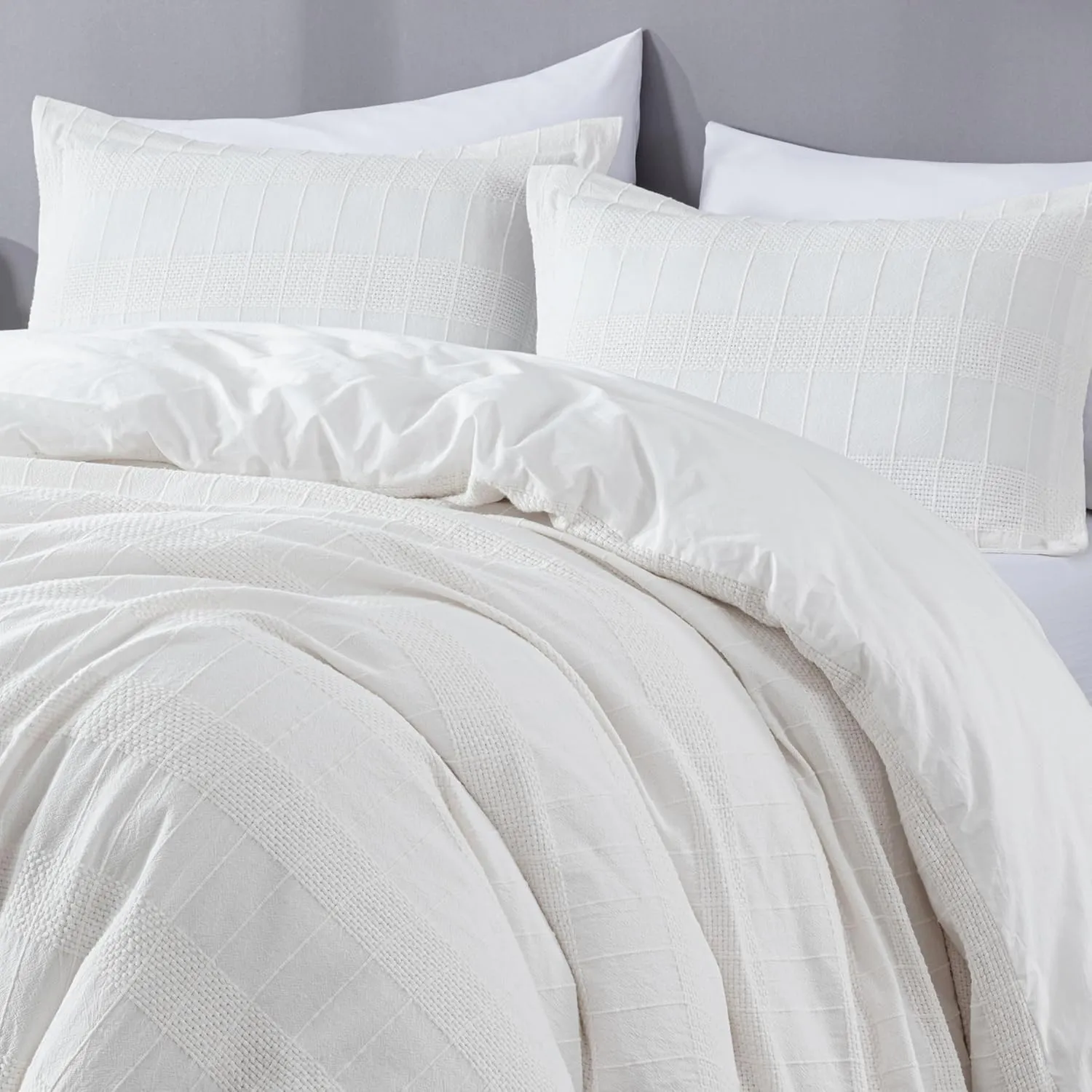 Chezmoi Collection 3-Piece Clip Jacquard Cotton Duvet Cover Set Queen, Boho Chic Textured Tufted Basketweave Striped Comforter Cover with Button Closure, White