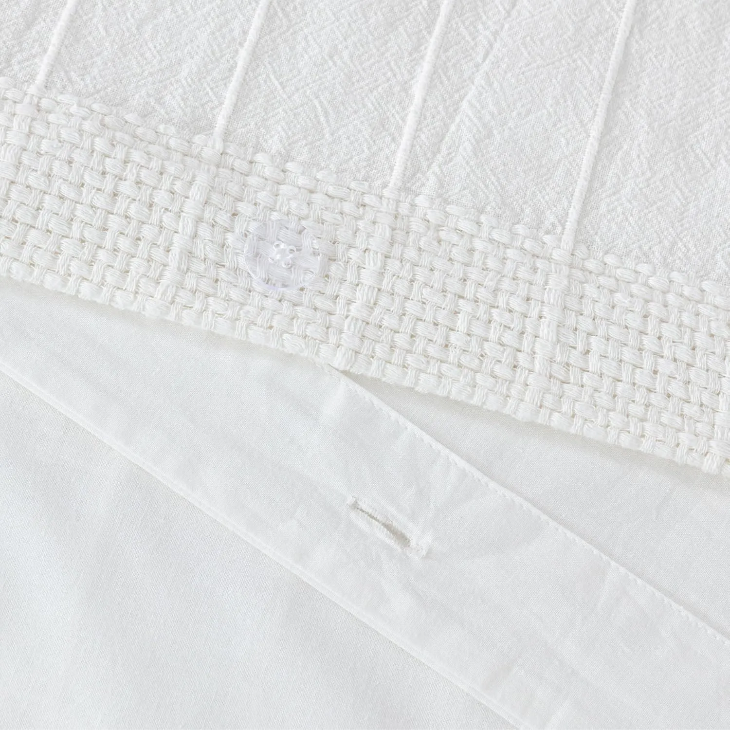 Chezmoi Collection 3-Piece Clip Jacquard Cotton Duvet Cover Set Queen, Boho Chic Textured Tufted Basketweave Striped Comforter Cover with Button Closure, White