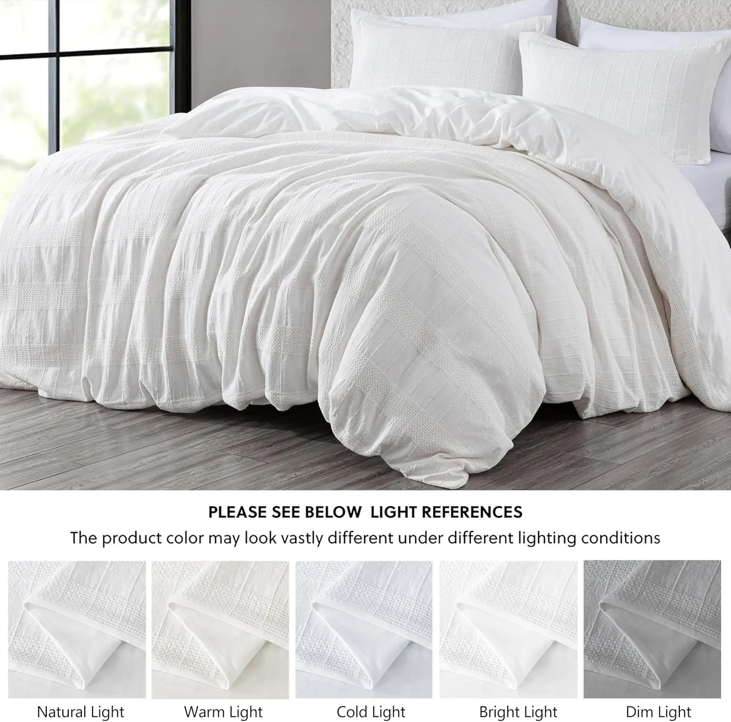 Chezmoi Collection 3-Piece Clip Jacquard Cotton Duvet Cover Set Queen, Boho Chic Textured Tufted Basketweave Striped Comforter Cover with Button Closure, White