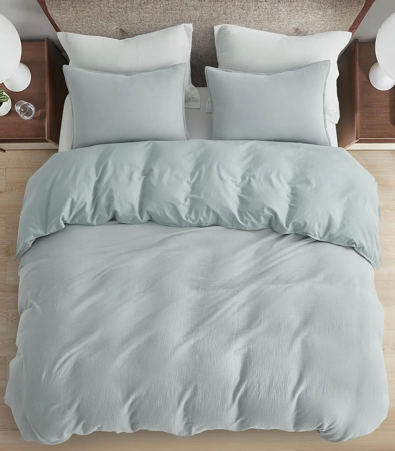 Chezmoi Collection Breeze 3-Piece Cotton Gauze Queen Duvet Cover Set, Light Blue-Gray Soft Washed Cotton Linen Like Textured Breathable Comforter Cover with Button Closure