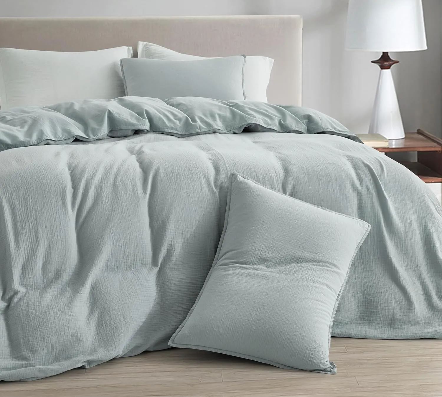 Chezmoi Collection Breeze 3-Piece Cotton Gauze Queen Duvet Cover Set, Light Blue-Gray Soft Washed Cotton Linen Like Textured Breathable Comforter Cover with Button Closure