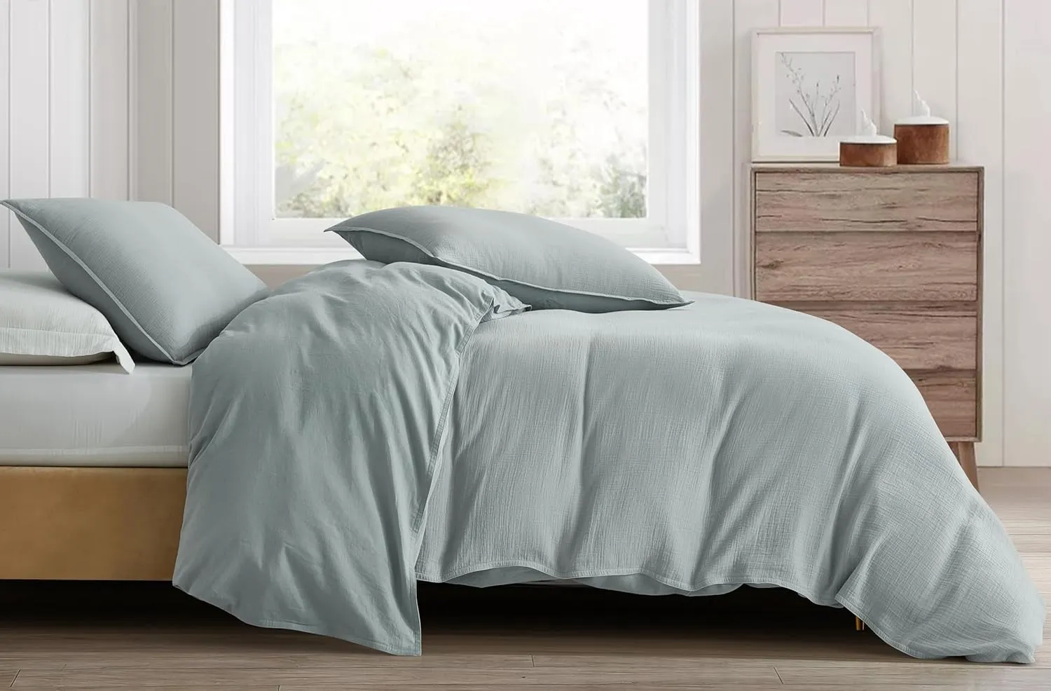 Chezmoi Collection Breeze 3-Piece Cotton Gauze Queen Duvet Cover Set, Light Blue-Gray Soft Washed Cotton Linen Like Textured Breathable Comforter Cover with Button Closure