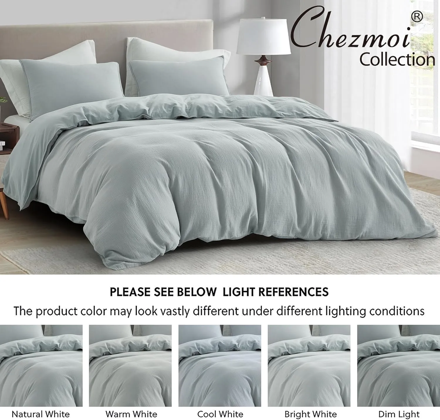 Chezmoi Collection Breeze 3-Piece Cotton Gauze Queen Duvet Cover Set, Light Blue-Gray Soft Washed Cotton Linen Like Textured Breathable Comforter Cover with Button Closure
