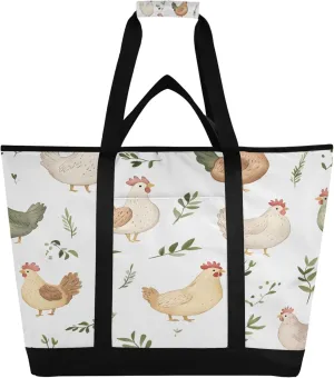 Chickens Reusable Insulated Cooler Bag with Ice Pack Compartment - Large 47L Waterproof Thermal Grocery Tote for Picnic Beach Camping Lunch Storage